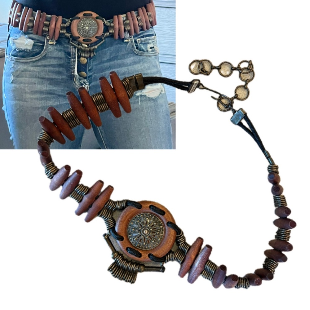 VIntage Women Belt Metal Medallion Wood Boho Western Coachella 37”